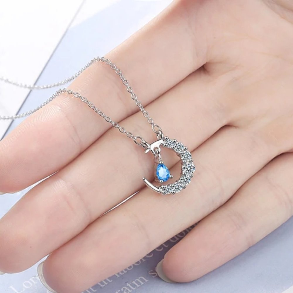 NEW 925 Sterling Silver Diamond Moon Necklace